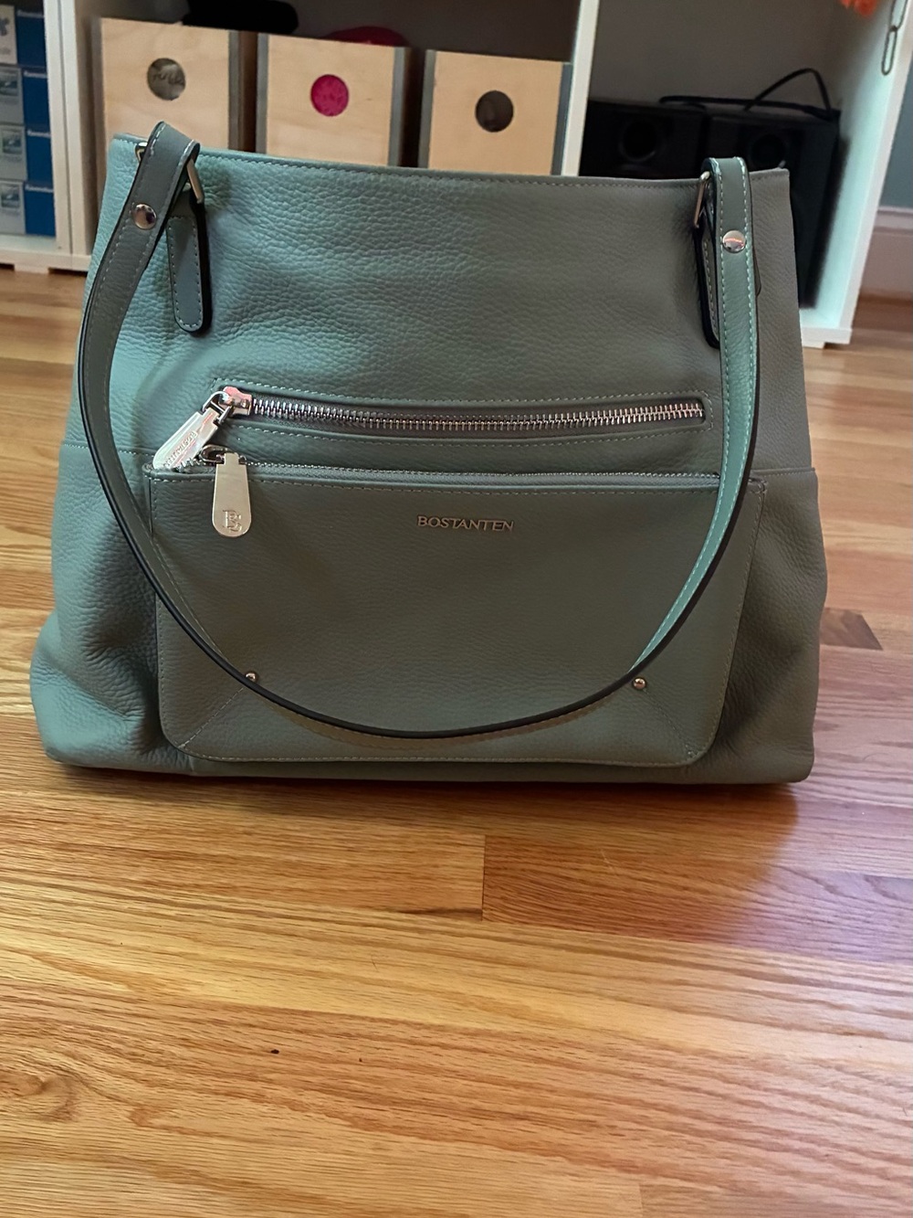 Bostanten Sage Green Pebbled Leather Shoulder Bag